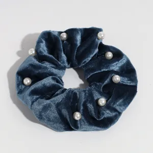 Blue velvet hair scrunchie with pearl decorations elegant pony tail holder hair accessory