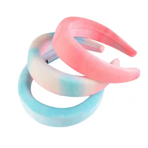 Close up of wide velvet padded hairbands set, soft tie dye and solid colors detail view.