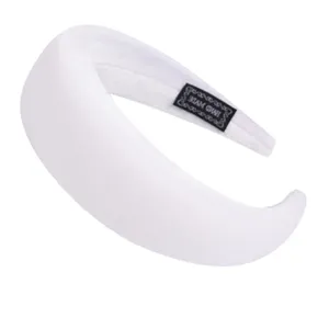White velvet padded headband detail, soft sponge hair hoop inner handmade label texture.