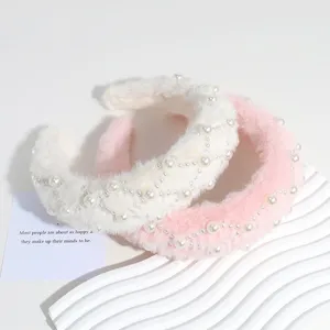 Plüsch Perle Haarreif für Damen, weicher Pelz Haarspange süßer Kopfschmuck in Weiß und Rosa