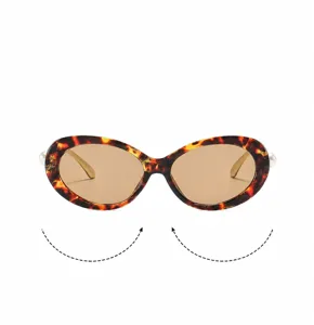 Close-up detail of retro tortoiseshell oval sunglasses featuring elegant pearl accents on the sides.