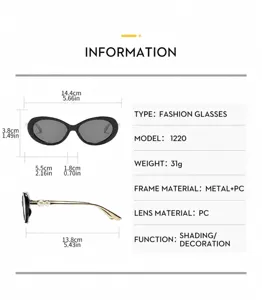 Detailed size specifications and parameter chart for vintage oval pearl sunglasses, 14.4cm width.