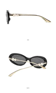 Stylish oval retro sunglasses with pearl decor, black frame and gold temples for women.