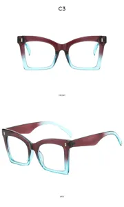 Stylish gradient square blue light blocking reading glasses, front and side detail view.