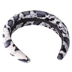 Thickened sponge padded hair hoop with grey leopard print and black braided trim for women.