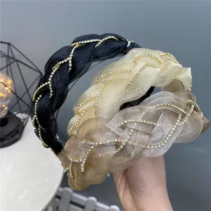 Women Fashion Organza Braided Headband Rhinestone Chain Hair Hoop High Crown Sweet Hair Accessories For Daily Party Wear