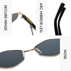 Detaillierte Nahaufnahme von polygonen Retro Sonnenbrillen Scharnier und Nasenpad.
