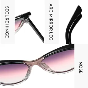 Detail view of trendy Y2K cat eye sunglasses featuring secure hinge and gradient lenses.