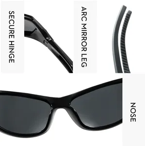 Vue détaillée de lunettes de soleil de cyclisme d'extérieur noires avec charnière et nez.