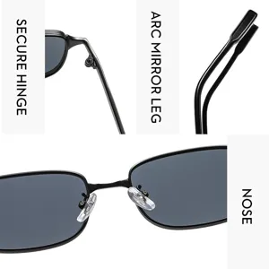 Metal frame sunglasses detail view featuring secure hinge, arc mirror leg and nose pad design.