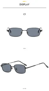 Metal frame rectangular sunglasses detail view, black sunglasses for outdoor sun protection.