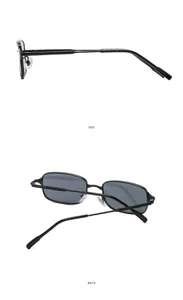 Metal frame sunglasses side and back view detail showcasing sleek black design and temples.
