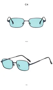 Detailed view of vintage metal square sunglasses with light blue lenses, stylish and retro design.