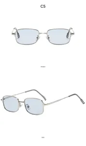 Detailed view of metal square frame sunglasses with light blue lenses, delicate silver side profile.