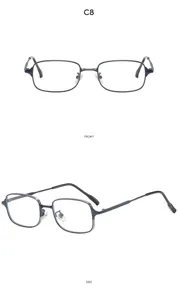 Metal square frame glasses detail view, stylish blue optical frame with detailed brow bar.