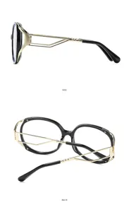 Zwarte gouden cat eye optische bril detailweergave, stijlvolle blauwlicht filter lenzen.