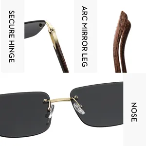 Vue de détail de lunettes de soleil carrées sans monture avec charnière et plaquettes de nez.