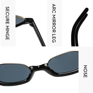 Vista detallada de gafas de sol poligonales de moda que muestran bisagra y patillas seguras.