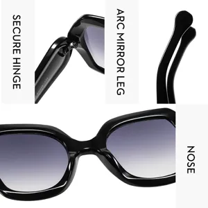 Vue détaillée de lunettes de soleil tendance noires surdimensionnées, charnière et branche arquée.