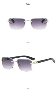 Lunettes de soleil carrées sans monture dégradées avec branches en métal doré pour voyage.