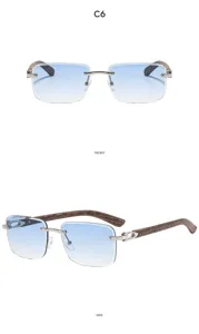 Lunettes de soleil carrées sans monture dégradé bleu en bois pour l'extérieur mode