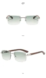 Vue détaillée de lunettes de soleil carrées sans monture aux branches effet bois.