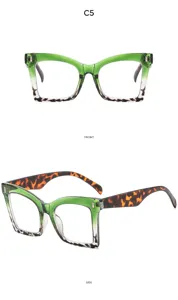 Oversized square anti-blue light reading glasses featuring gradient green and tortoise temples.
