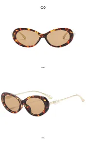 Retro oval pearl sunglasses for women, vintage tortoiseshell frame with stylish metal temples.