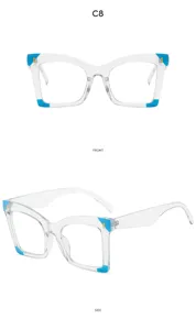 Clear frame anti-blue light glasses with stylish blue corner accents. Product detail view.