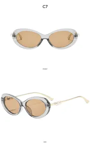 Vintage oval sunglasses for women, trendy pearl decorated metal temples and clear grey frames.
