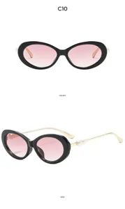 Vintage oval sunglasses for women featuring stylish pearl temples and pink gradient lenses.
