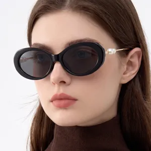 Women retro oval sunglasses with pearl temple decoration fashion vintage sun glasses for outdoor