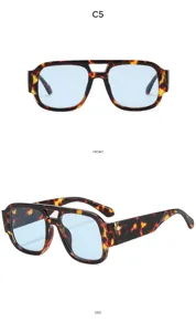 Gafas de sol cuadradas vintage de doble puente para mujer, montura grande carey con lentes azules.