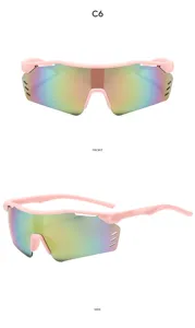 Occhiali da sole sportivi rosa alla moda con grande lente riflettente colorata per ciclismo.