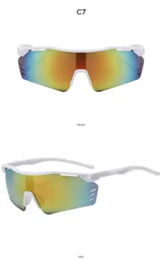 Vista dettagliata di occhiali da sole sportivi con montatura bianca e lenti colorate ventilate.