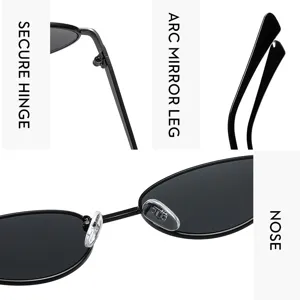 Close-up detail view of retro metal sunglasses hinge, temple, and nose pad design.