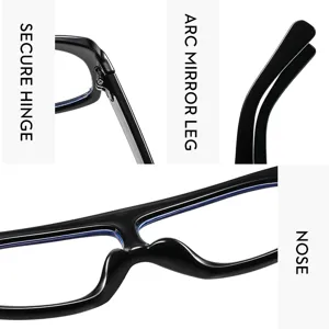 Detailed close-up of black eyeglass frame, highlighting secure hinge, arc leg and nose design.