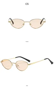 Vintage metal sunglasses for women and men, stylish small oval tinted lenses with sleek gold frame.