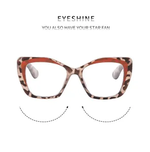 Detailed showcase of stylish leopard print cat-eye blue light blocking optical glasses.
