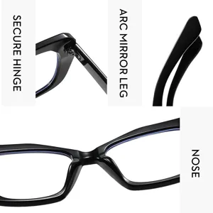 Detailed view of black square glasses frame, highlighting sturdy hinge, curved temple and nose.