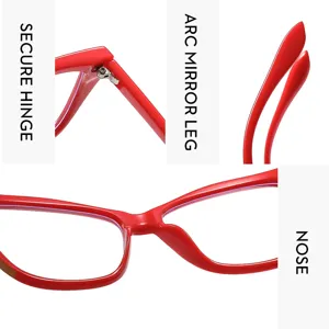 Vue rapprochée détaillée de la charnière de lunettes de lecture carrées rouges anti-lumière.