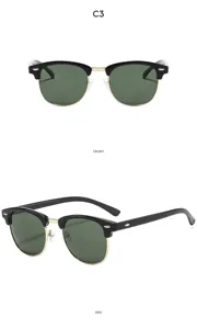 Klassische Halbrand-Sonnenbrille Detailansicht, Metallnieten, grüne Gläser, Retro Look.