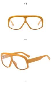 Oversized thick-rimmed optical glasses, side and front view detail showing amber frame.