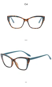 Lunettes de lecture œil-de-chat élégantes avec monture écaille et branches bleues.