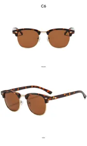 Retro Browline Sonnenbrille mit Schildpatt-Rahmen und braunen Gläsern. Detailansicht Front und Seite.