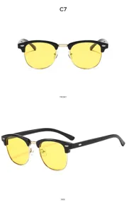 Vintage Halbrand-Sonnenbrille mit gelben Glasern, stilvolle Nieten fur outdoor Fahren.