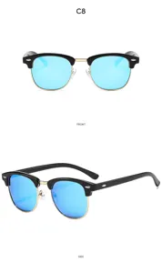 Retro Metall Halbrand Sonnenbrille mit blauen verspiegelten Gläsern für Outdoor Mode.