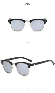 Klassische Retro-Halbgestell-Sonnenbrille mit Metallnieten, stilvoller UV-Schutz.