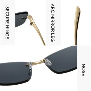 Gros plan sur les lunettes sans monture, montrant charnière, branche miroir et plaquette nasale.