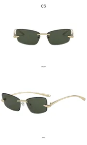Détail de lunettes de soleil sans monture, monture métal doré et verres vert foncé, style Y2K.